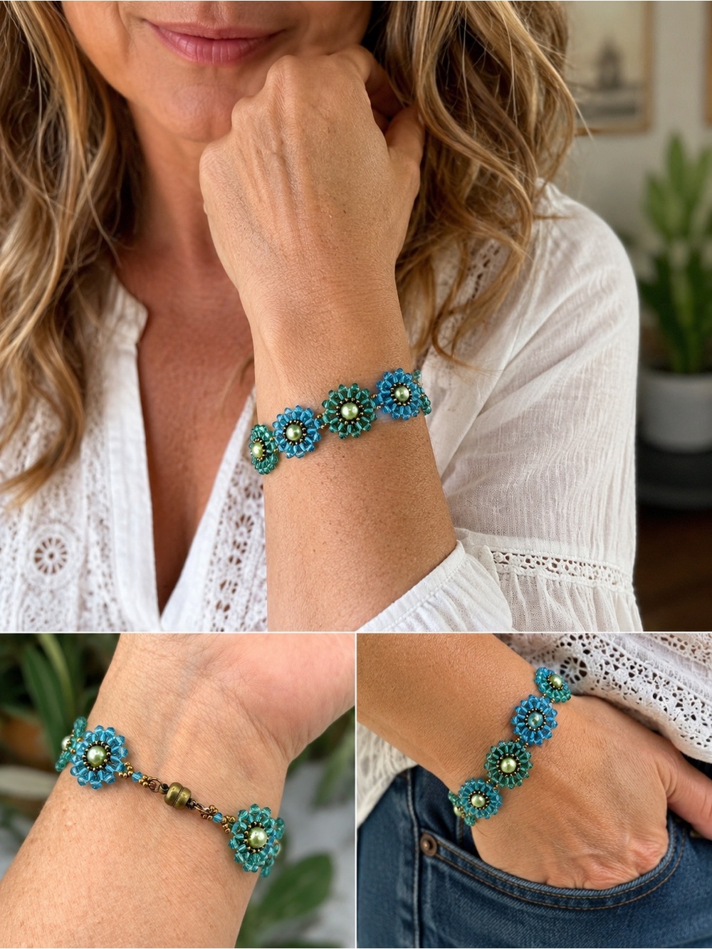 Hand Crafted Blue and Green Crystal Floral Bead Bracelet - Women Jewelry